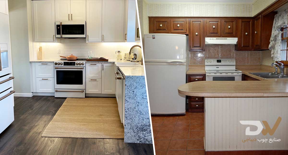 قبل و بعد بازسازی کابینت آشپزخانه